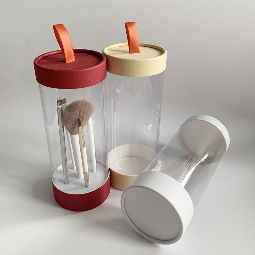 Custom luxury makeup brush set cylinder paper tube packaging window gift cosmetic paper box with handle