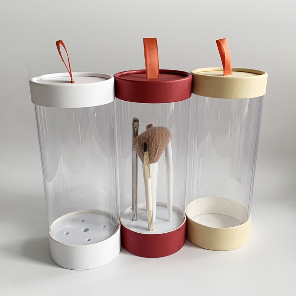 Custom luxury makeup brush set cylinder paper tube packaging window gift cosmetic paper box with handle